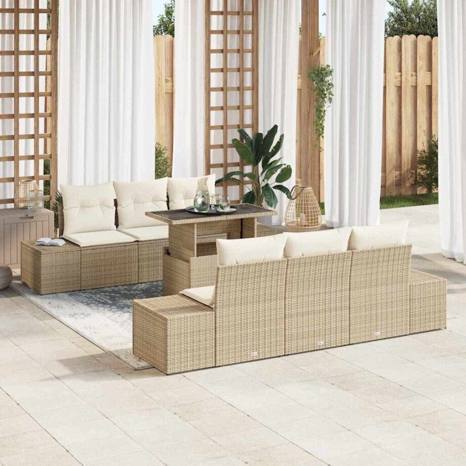 vidaXL Tuin Sofa Set met kussen 7 pcs Beige en Crème afbeelding 1
