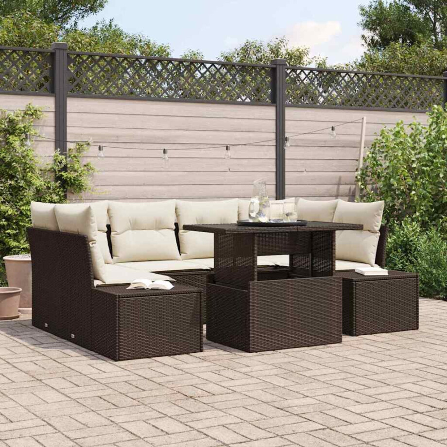 vidaXL Tuin Sofa Set met kussen 7 pcs Bruin en Crème afbeelding 1