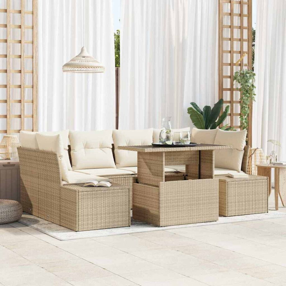 vidaXL Tuin Sofa Set met kussen 7 pcs Beige en Crème afbeelding 1