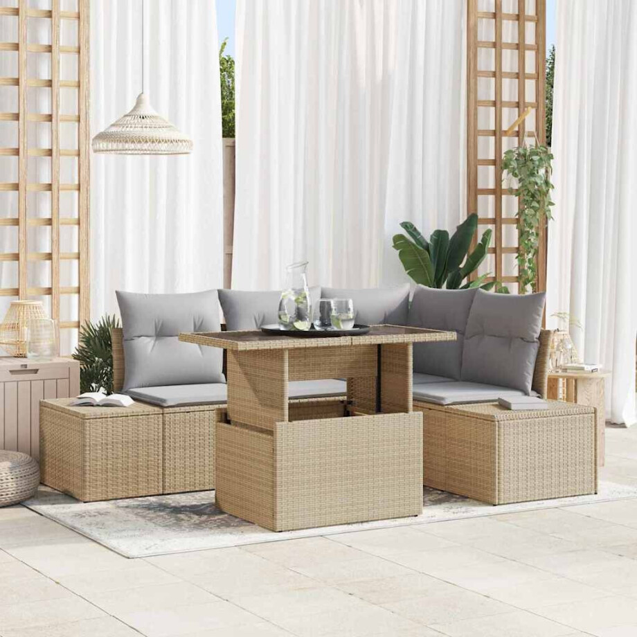vidaXL Tuin Sofa Set met kussen met opslag 5 pcs Beige poly rattan afbeelding 1