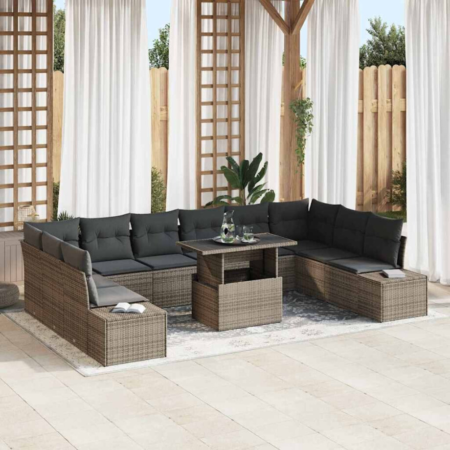 vidaXL Tuin Sofa Set met kussen met opslag 11 pcs Grijs poly rattan afbeelding 1