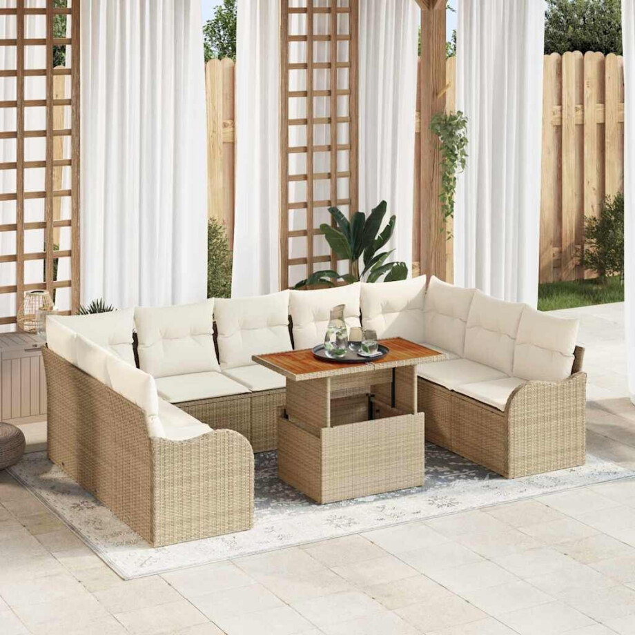 vidaXL 10-delige tuinsofa set met kussens in beige poly rattan afbeelding 1