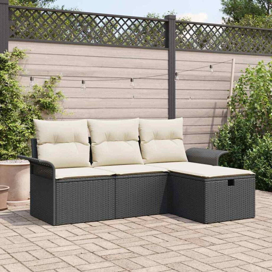 vidaXL Tuin Sofa Set met kussen 4 pcs Zwart en crème Poly riet afbeelding 1