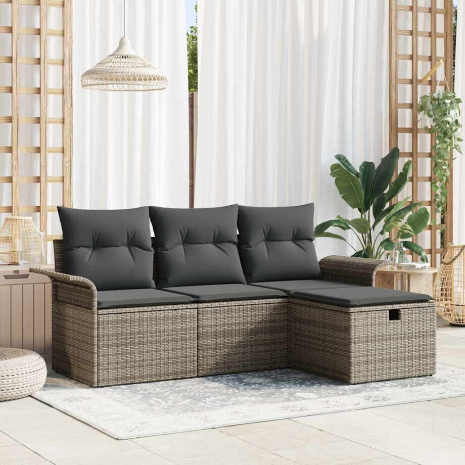 vidaXL Tuin Sofa Set met kussen met opslag 4 pcs Grijs poly rattan afbeelding 1