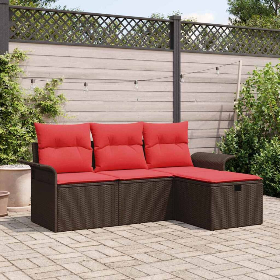 vidaXL Tuin Sofa Set met kussen 4 pcs Bruin en Rood poly rattan afbeelding 1
