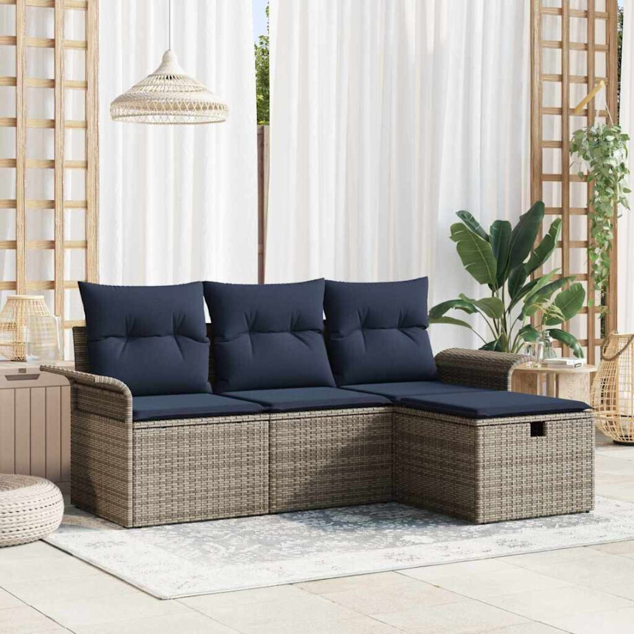 vidaXL Tuin Sofa Set met kussen 4 pcs Grijs en Marineblauw poly rattan afbeelding 1
