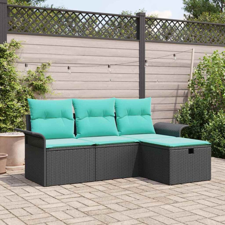 vidaXL Tuin Sofa Set met kussen 4 pcs Zwart en Turquoise poly rattan afbeelding 1
