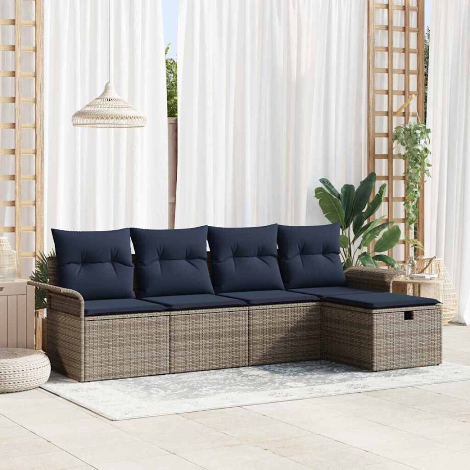 vidaXL Tuin Sofa Set met kussen 5 pcs Grijs en Marineblauw poly rattan vidaXL Tuin Sofa Set met kussen 5 pcs Grijs en Marineblauw poly rattan afbeelding 1