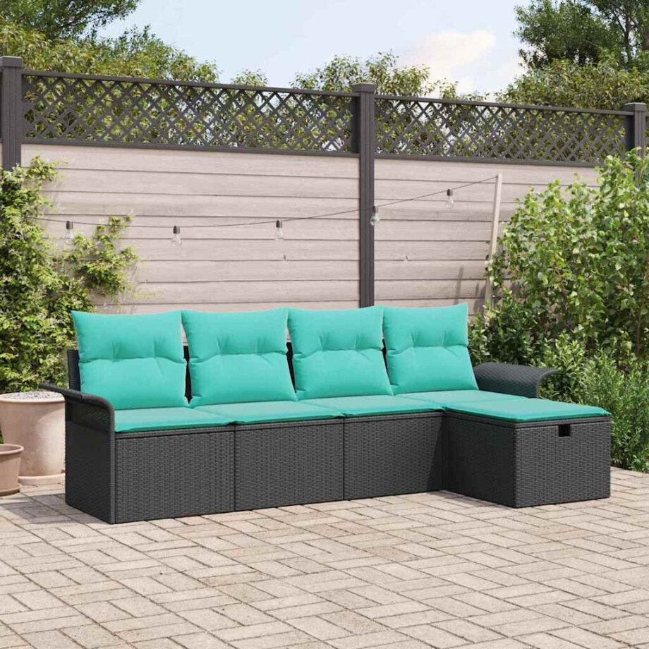 vidaXL Tuin Sofa Set met kussen 5 pcs Zwart en Turquoise poly rattan afbeelding 1