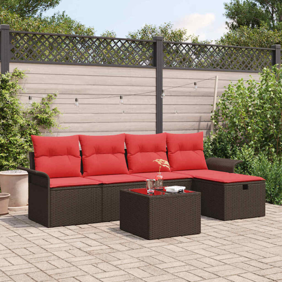 vidaXL Tuin Sofa Set met kussen 6 pcs Bruin en Rood poly rattan afbeelding 1