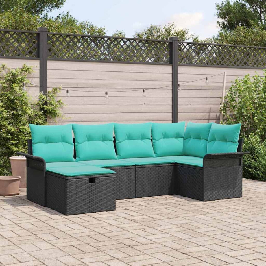 vidaXL Tuin Sofa Set met kussen 6 pcs Zwart en Turquoise poly rattan afbeelding 1