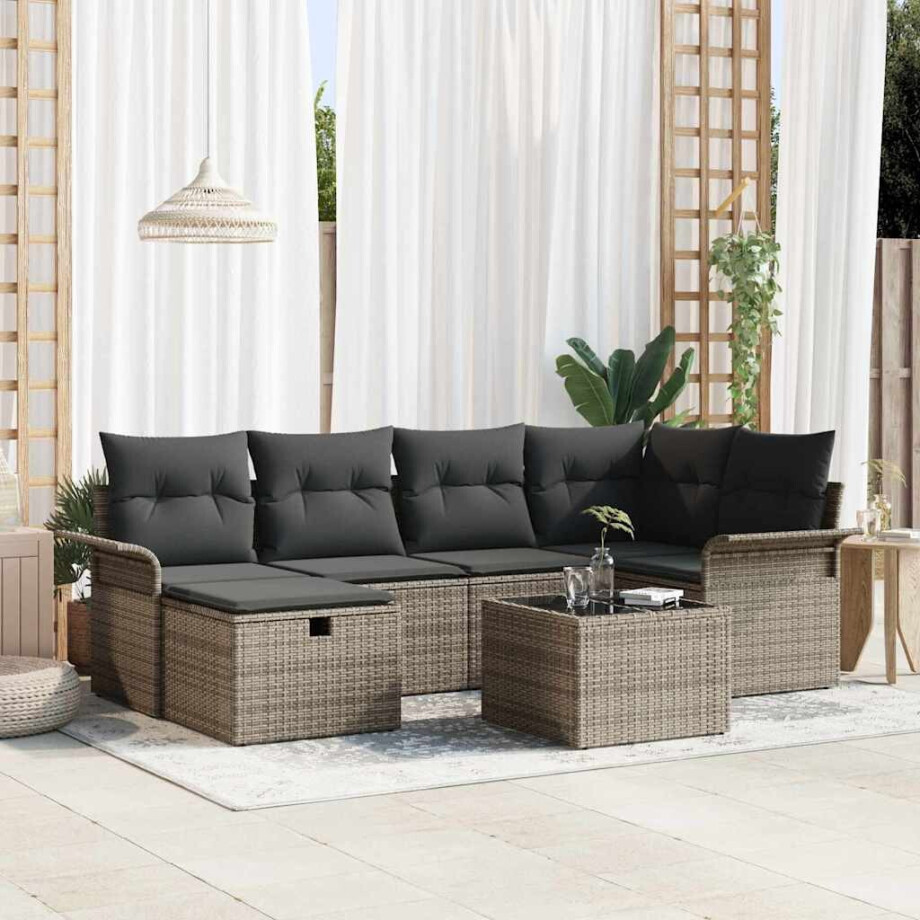 vidaXL Tuin Sofa Set met kussen met opslag 7 pcs Grijs poly rattan afbeelding 1