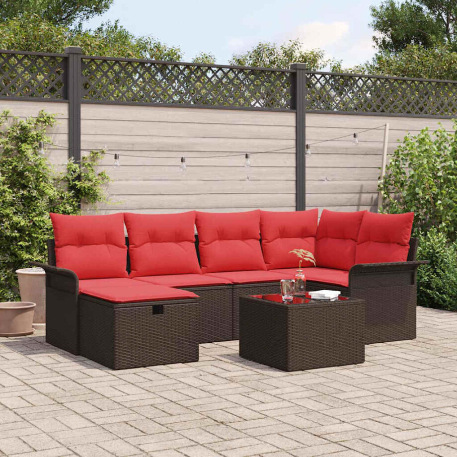 vidaXL Tuin Sofa Set met kussen 7 pcs Bruin en Rood poly rattan vidaXL Tuin Sofa Set met kussen 7 pcs Bruin en Rood poly rattan afbeelding 1
