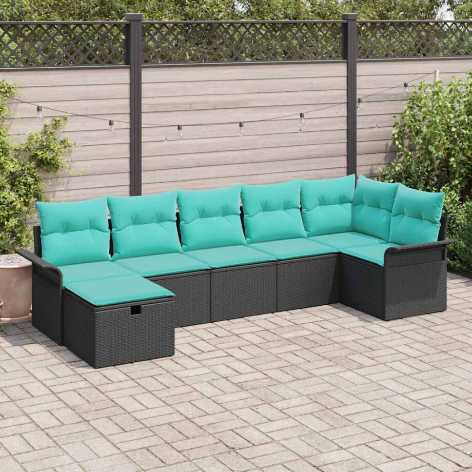 vidaXL Tuin Sofa Set met kussen 7 pcs Zwart en Turquoise poly rattan afbeelding 1