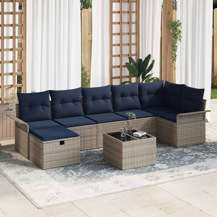 vidaXL Tuin Sofa Set met kussen 8 pcs Grijs en Marineblauw poly rattan vidaXL Tuin Sofa Set met kussen 8 pcs Grijs en Marineblauw poly rattan afbeelding 1