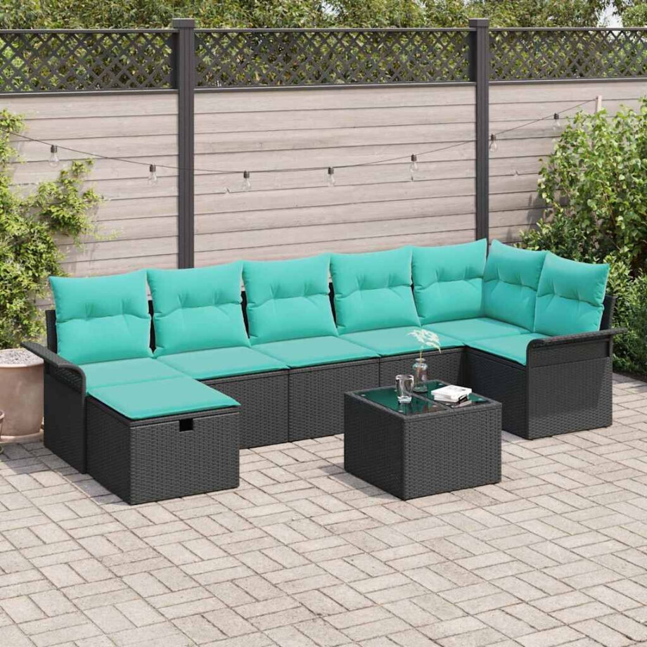 vidaXL Tuin Sofa Set met kussen 8 pcs Zwart en Turquoise poly rattan afbeelding 1
