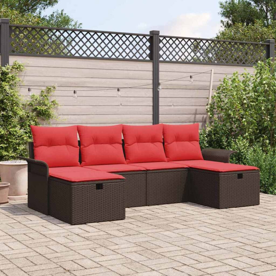 vidaXL Tuin Sofa Set met kussen 6 pcs Bruin en Rood poly rattan vidaXL Tuin Sofa Set met kussen 6 pcs Bruin en Rood poly rattan afbeelding 1