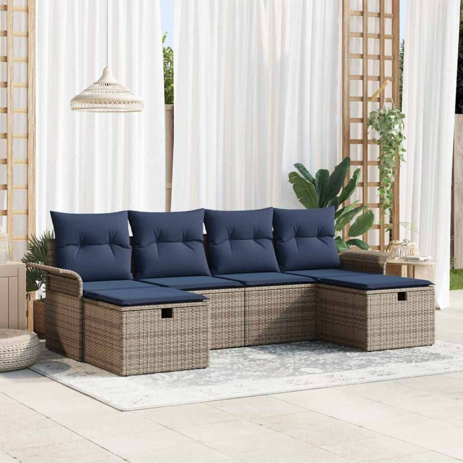 vidaXL Tuin Sofa Set met kussen 6 pcs Grijs en Marineblauw poly rattan afbeelding 1