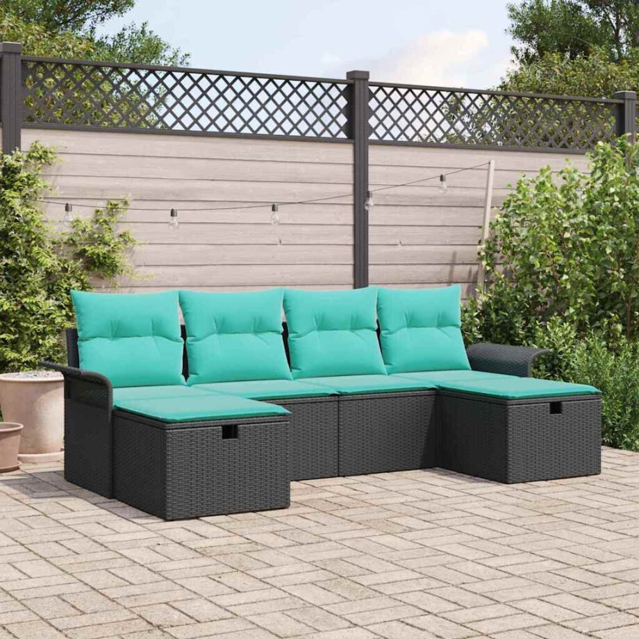 vidaXL Tuin Sofa Set met kussen 6 pcs Zwart en Turquoise poly rattan afbeelding 1