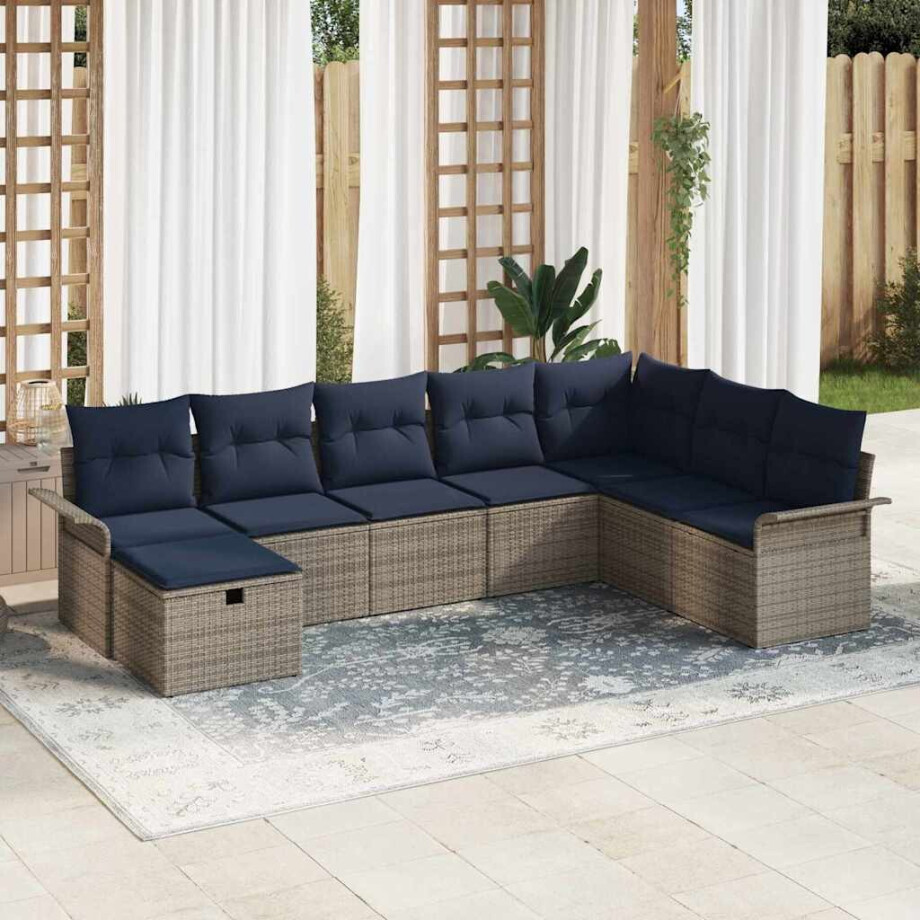 vidaXL Tuin Sofa Set met kussen 8 pcs Grijs en Marineblauw poly rattan vidaXL Tuin Sofa Set met kussen 8 pcs Grijs en Marineblauw poly rattan afbeelding 1