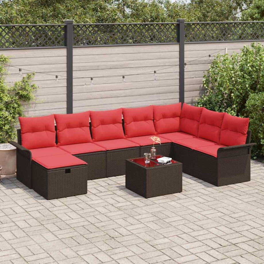 vidaXL Tuin Sofa Set met kussen 9 pcs Bruin en Rood poly rattan vidaXL Tuin Sofa Set met kussen 9 pcs Bruin en Rood poly rattan afbeelding 1