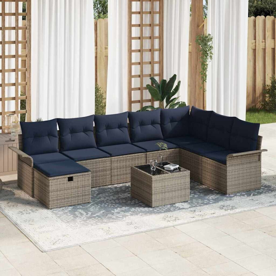 vidaXL Tuin Sofa Set met kussen 9 pcs Grijs en Marineblauw poly rattan afbeelding 1
