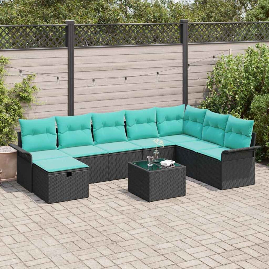 vidaXL Tuin Sofa Set met kussen 9 pcs Zwart en Turquoise poly rattan afbeelding 1