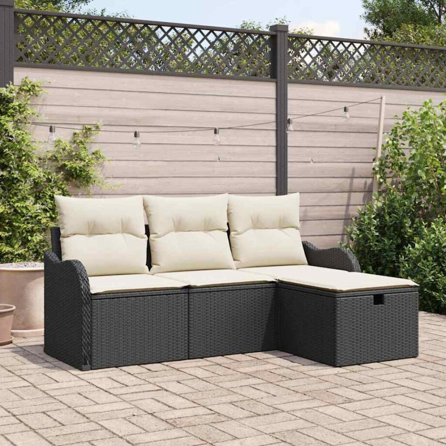 vidaXL Tuin Sofa Set met kussen 4 pcs Zwart en Crème poly rattan afbeelding 1