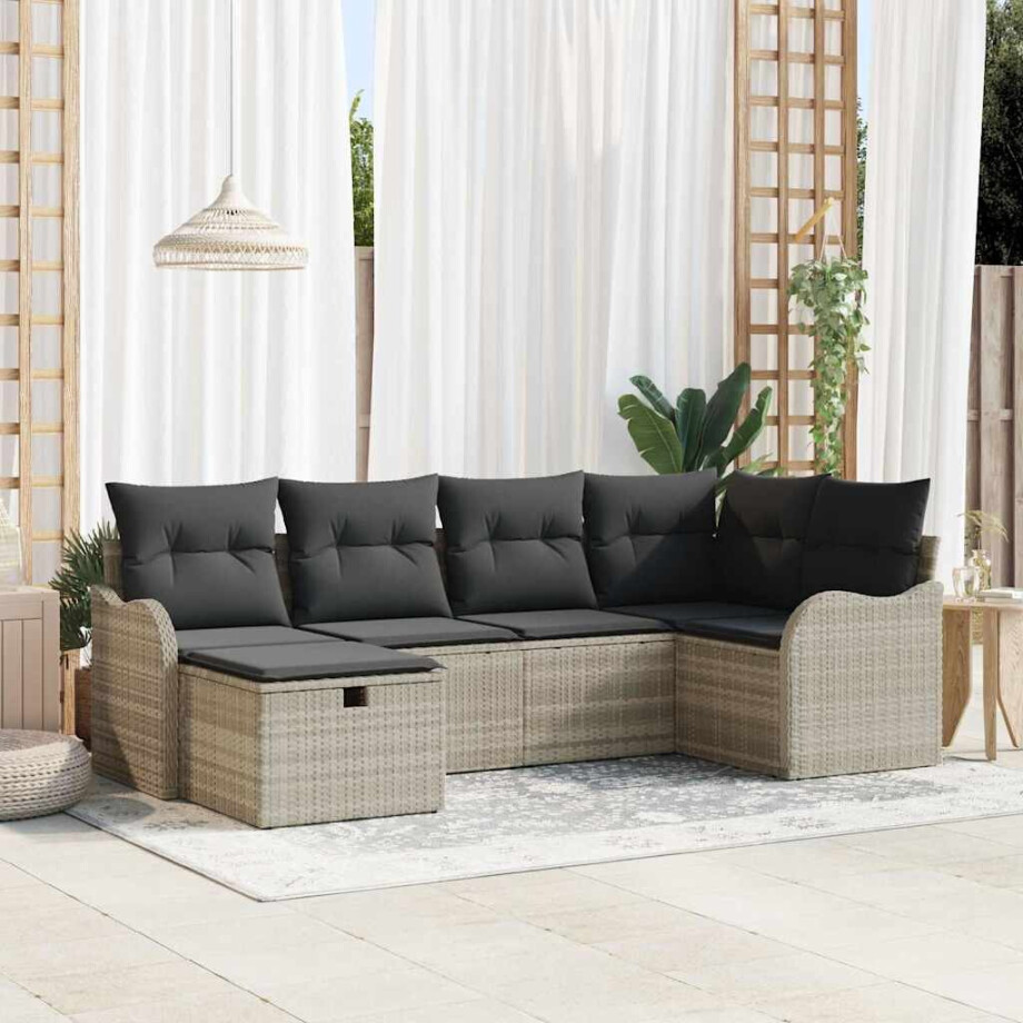 vidaXL Tuin Sofa Set met kussen met opslag 6 pcs Lichtgrijs Poly riet afbeelding 1