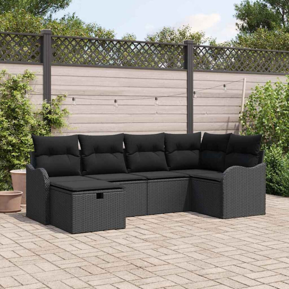 vidaXL Tuin Sofa Set met kussen met opslag 6 pcs Zwart Poly riet afbeelding 1