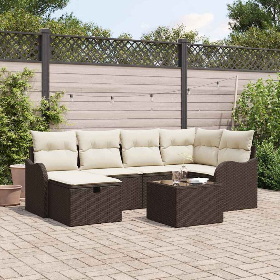 vidaXL Tuin Sofa Set met kussen 7 pcs Bruin en crème Poly riet afbeelding 1