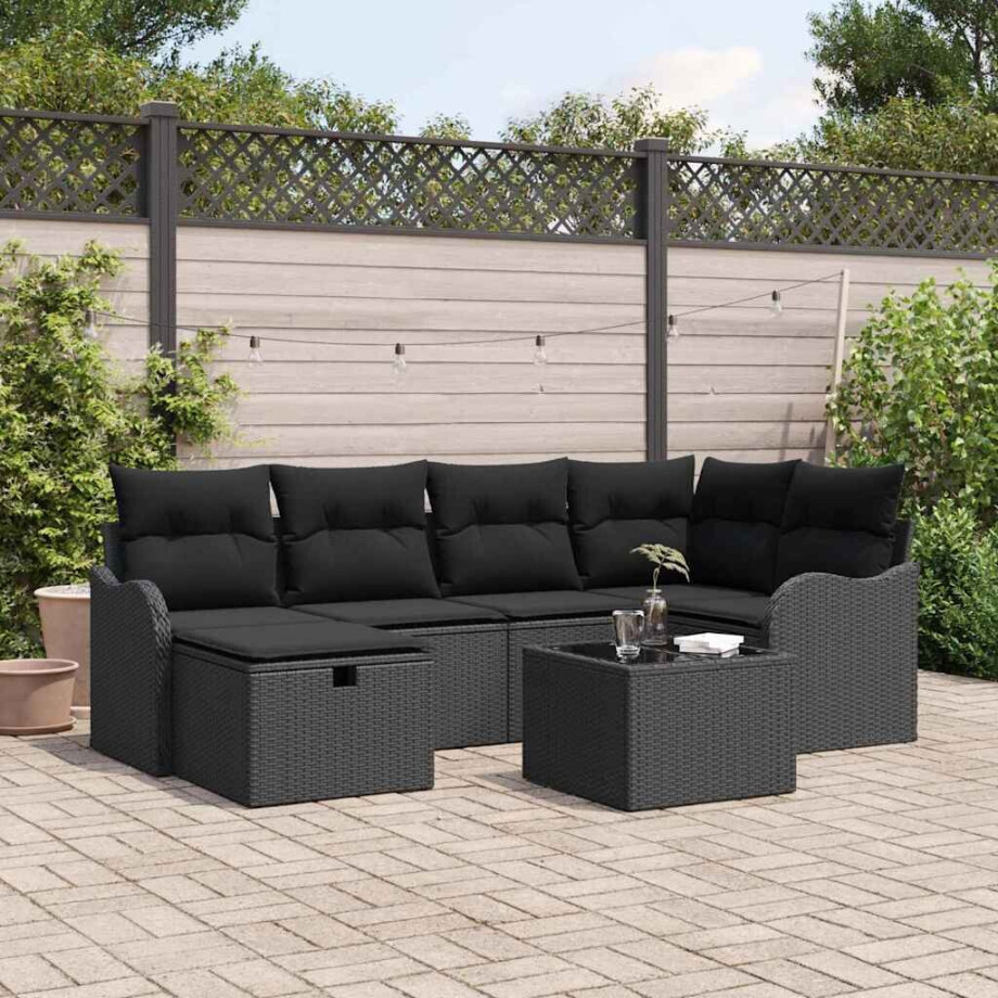 vidaXL Tuin Sofa Set met kussen met opslag 7 pcs Zwart Poly riet afbeelding 1