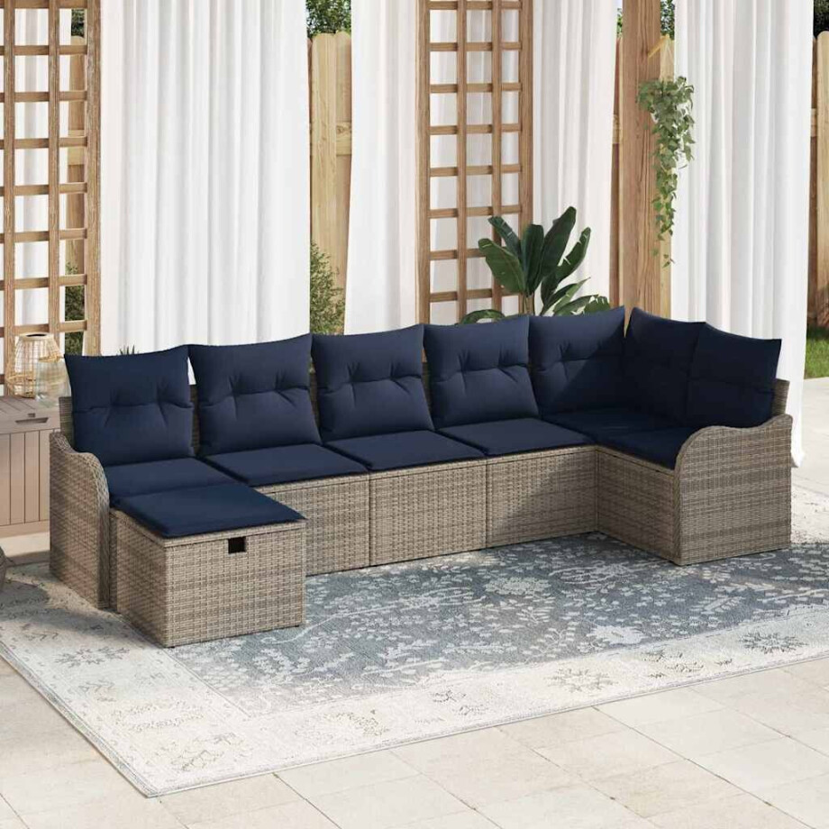 vidaXL Bankstel met kussen met opslag Grijs en Marineblauw poly rattan afbeelding 1
