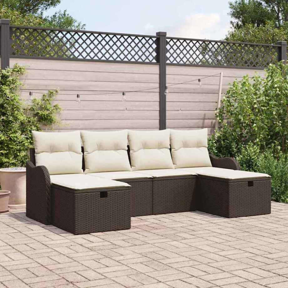 vidaXL Bankstel met kussen met opslag 6 pcs Bruin en Crème poly rattan vidaXL Bankstel met kussen met opslag 6 pcs Bruin en Crème poly rattan afbeelding 1