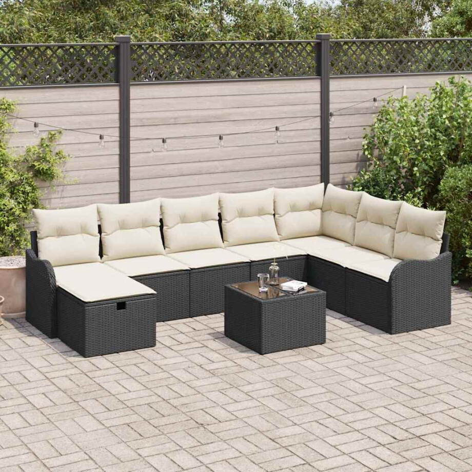 vidaXL Bankstel met kussen met opslag 9 pcs Zwart en Crème poly rattan afbeelding 1