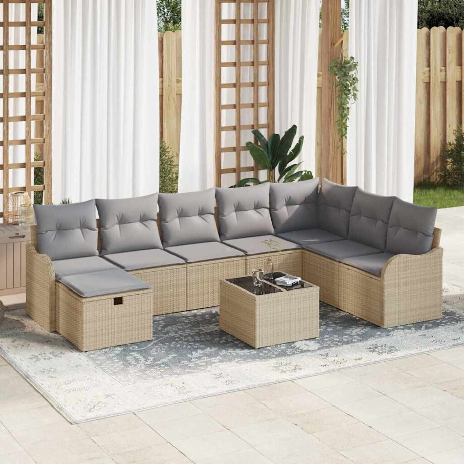 vidaXL Bankstel met kussen 9 pcs Beige en Licht Grijs poly rattan afbeelding 1