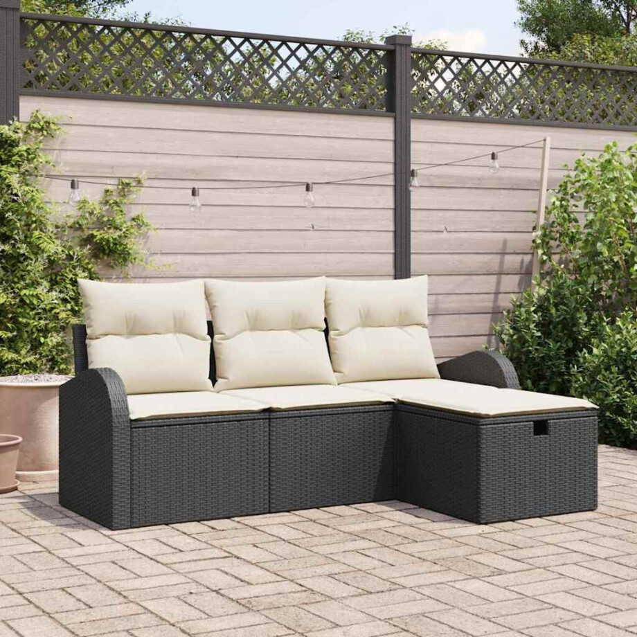 vidaXL Bankstel met kussen met opslag 4 pcs Zwart en Crème poly rattan afbeelding 1