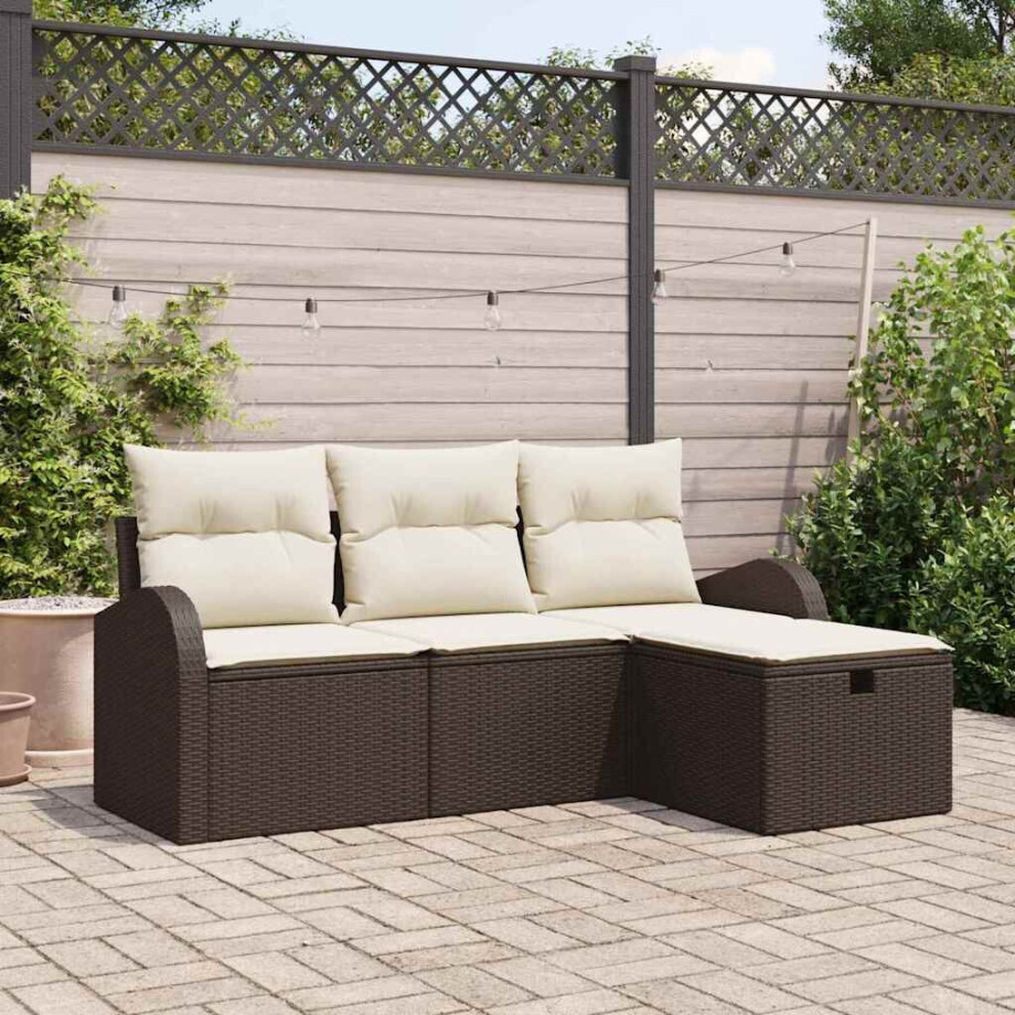 vidaXL Bankstel met kussen met opslag 4 pcs Bruin en Crème poly rattan afbeelding 1