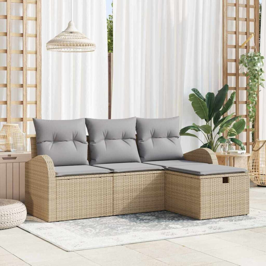 vidaXL Bankstel met kussen 4 pcs Beige en Licht Grijs poly rattan afbeelding 1