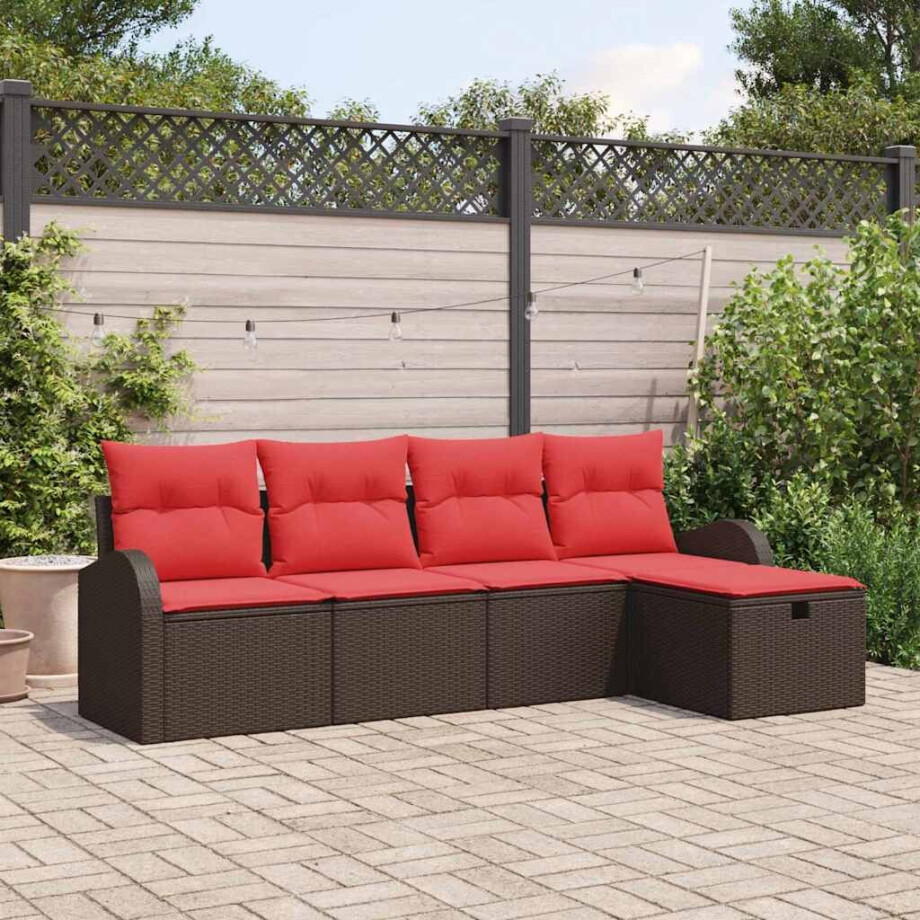 vidaXL Bankstel met kussen met opslag 5 pcs Bruin en Rood poly rattan afbeelding 1