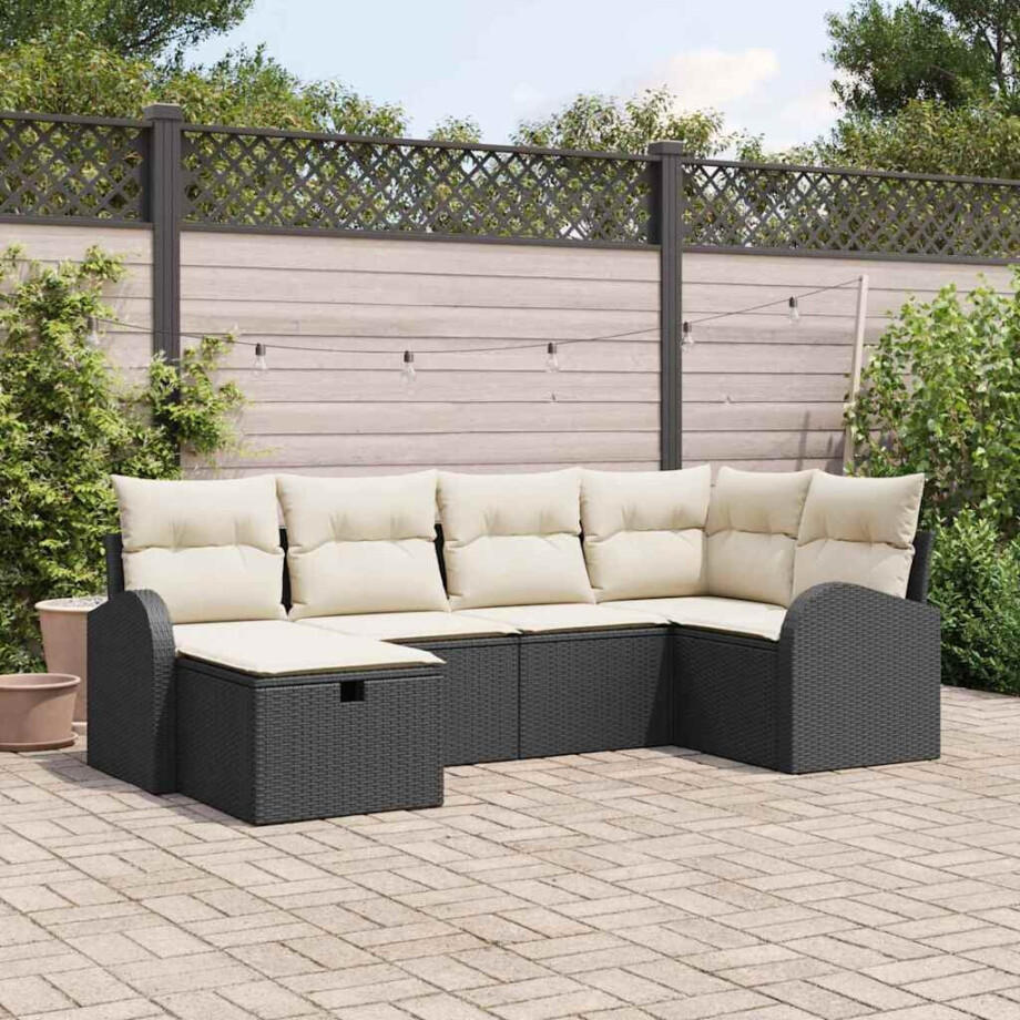 vidaXL Bankstel met kussen met opslag Zwart en Crème poly rattan afbeelding 1