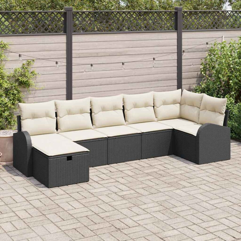 vidaXL Bankstel met kussen met opslag 7 pcs Zwart en Crème poly rattan vidaXL Bankstel met kussen met opslag 7 pcs Zwart en Crème poly rattan afbeelding 1