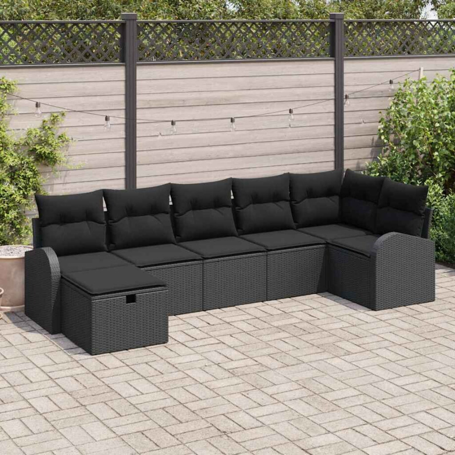 vidaXL Bankstel met kussen met opslag 7 pcs Zwart poly rattan afbeelding 1