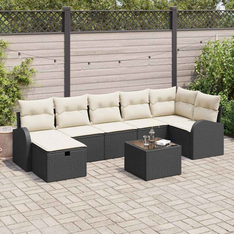 vidaXL Bankstel met kussen met opslag Zwart en Crème poly rattan afbeelding 1