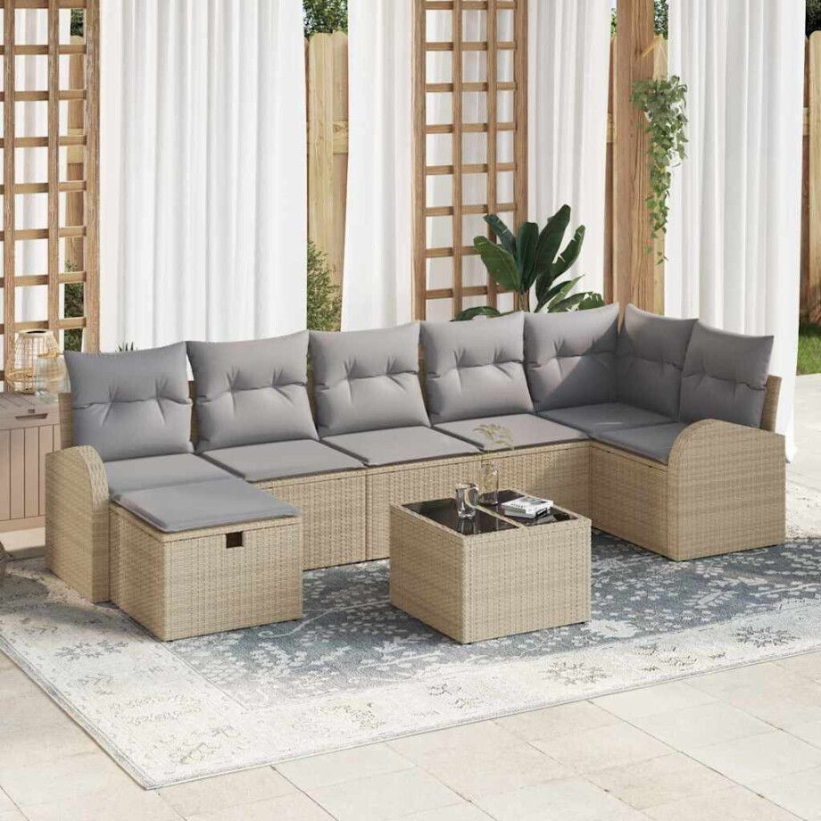 vidaXL Bankstel met kussen met opslag Beige en Licht Grijs poly rattan afbeelding 1