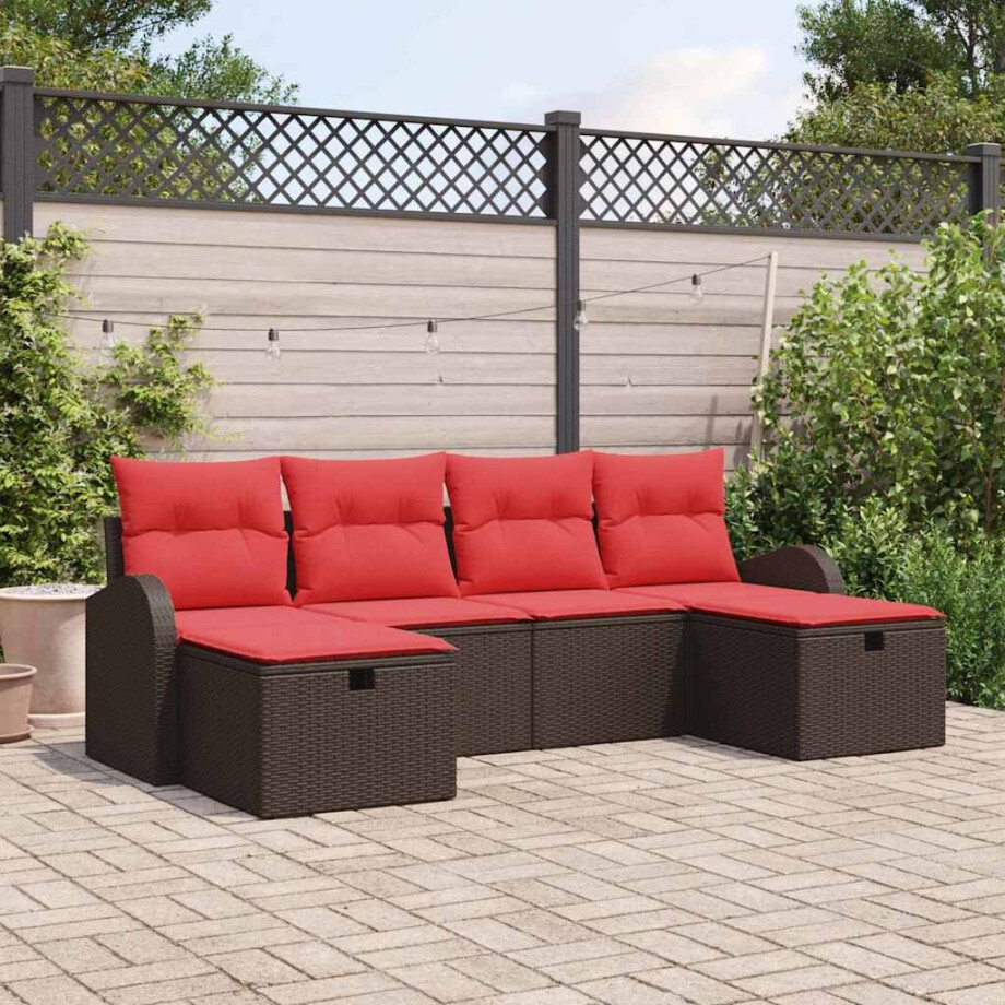 vidaXL Bankstel met kussen met opslag 6 pcs Bruin en Rood poly rattan afbeelding 1