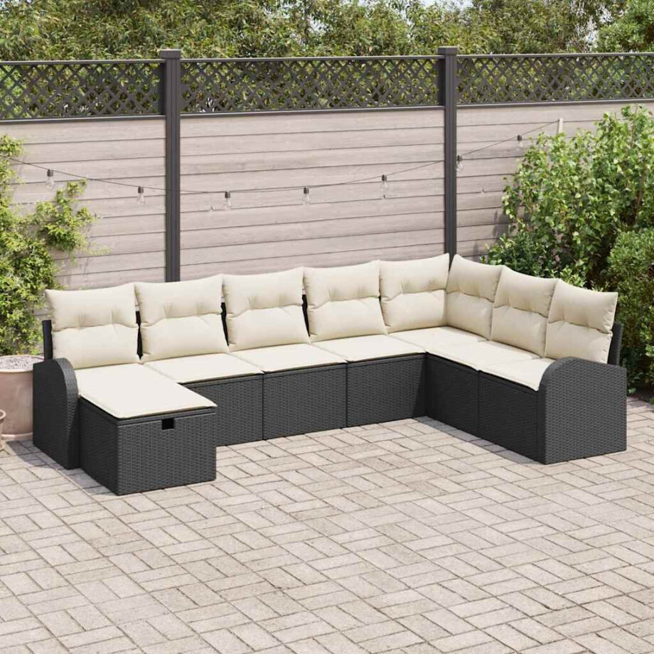 vidaXL Bankstel met kussen met opslag Zwart en crème poly rattan afbeelding 1