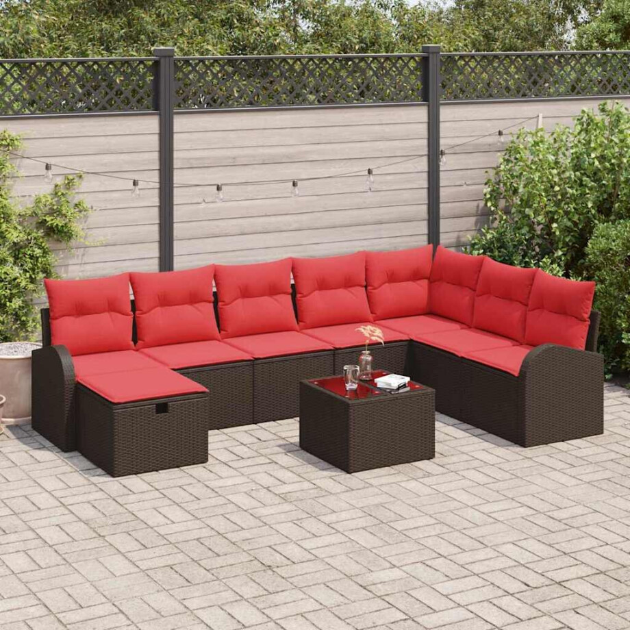 vidaXL Bankstel met kussen met opslag 9 pcs Bruin en Rood poly rattan afbeelding 1