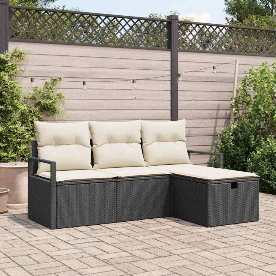 vidaXL Bankstel met kussen met opslag 4 pcs Zwart en Crème poly rattan afbeelding 1