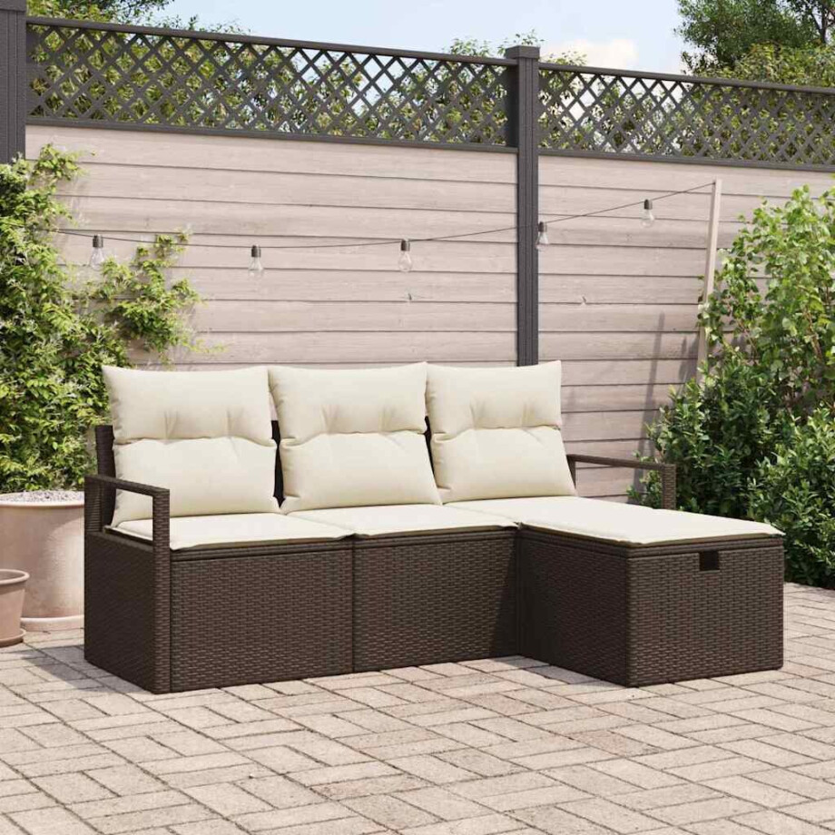 vidaXL Bankstel met kussen met opslag 4 pcs Bruin en Crème poly rattan afbeelding 1